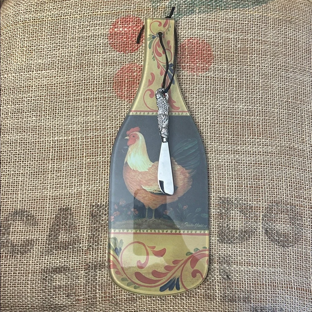 Francesco Rooster Glass Cutting Board w/ Knife Cheese Bread Mat